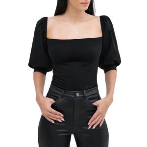 Marcella Alana Mixed Media Puff Sleeve Top Square Neck Black Size XL